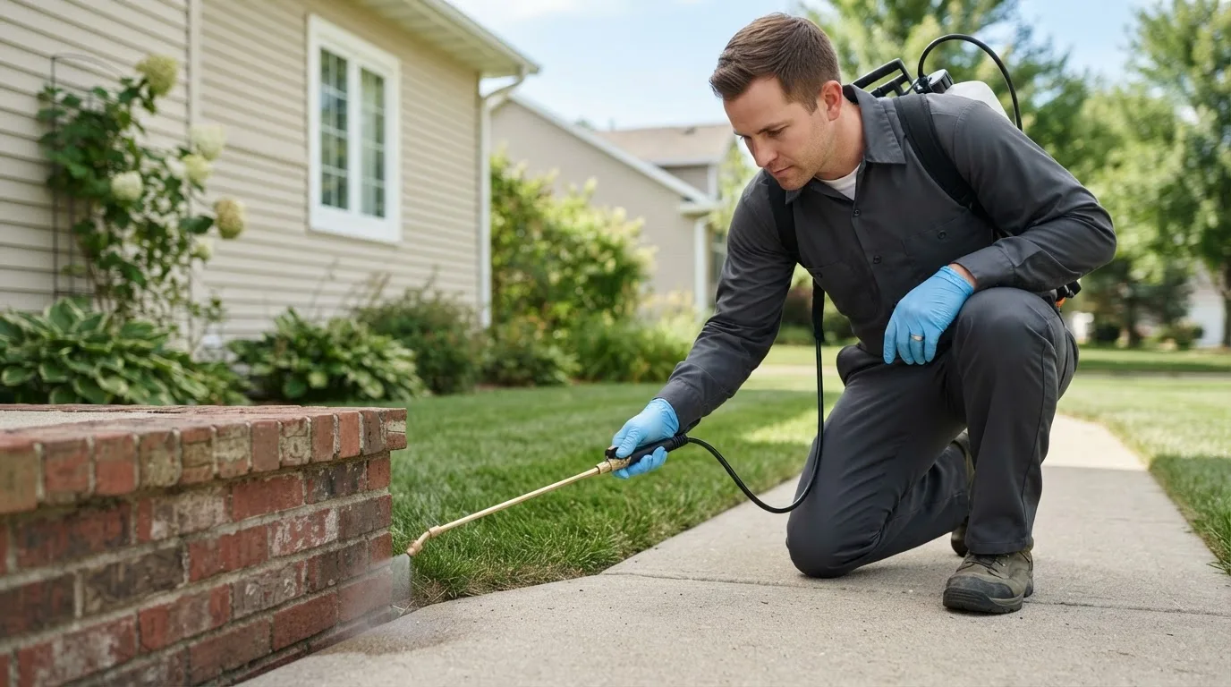 Pest control technician treating a home near Colt, AR