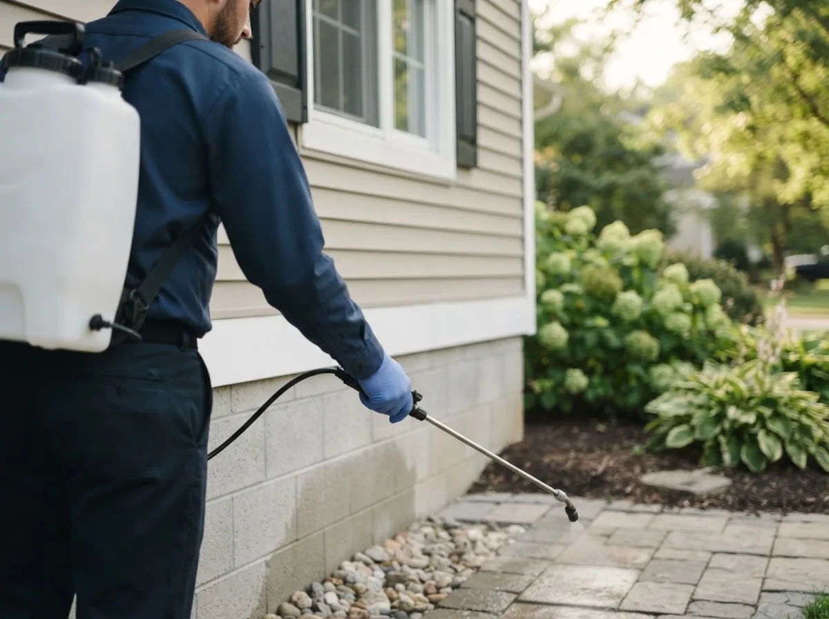 Pest control technician inspecting a home in Colt, AR
